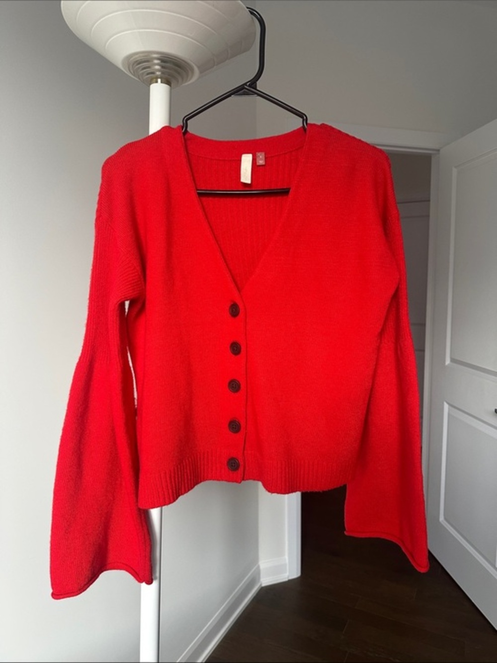 Anthropologie Pilcro Bright Red Soft V-Neck Button Cardigan Bell Sleeves